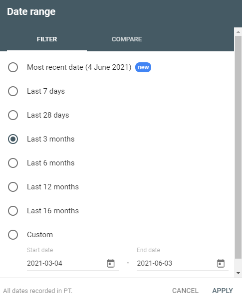 Date Range - Search Console