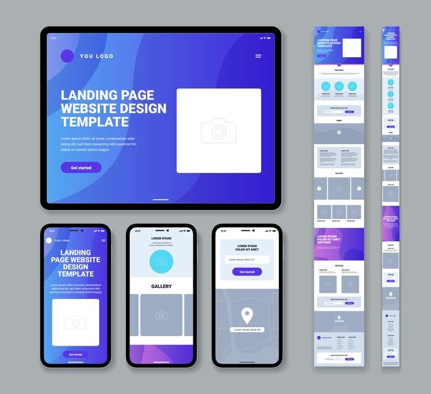 set modern website landing page design templates mobile phone tablet with gallery articles contact form flat isolated illustration 1284 60948