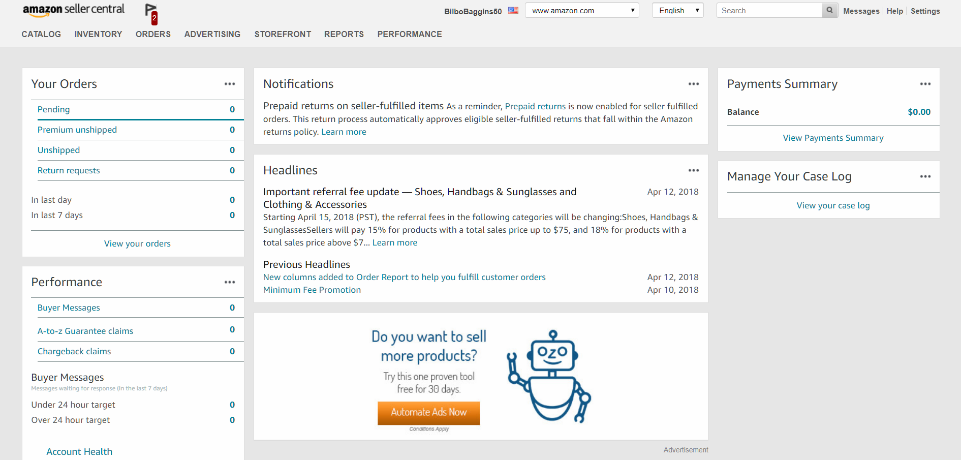 home page dell'account venditore amazon