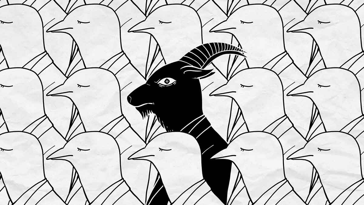 الخروف الأسود للعائلة يقف أمام الطيور البيضاء يرتدون بدلات.