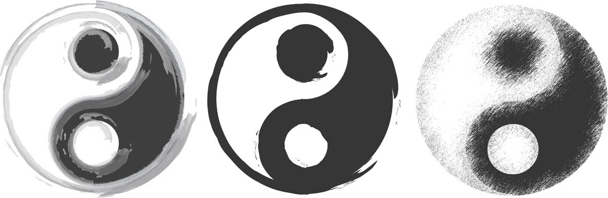 3 estilos de símbolos yin yang en blanco y negro.