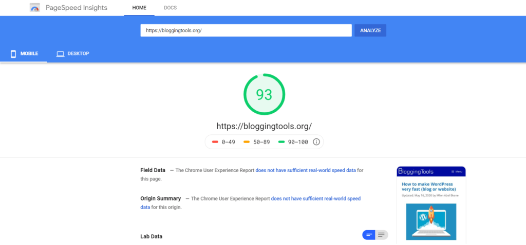 Рейтинг PageSpeed Insight для мобильных устройств