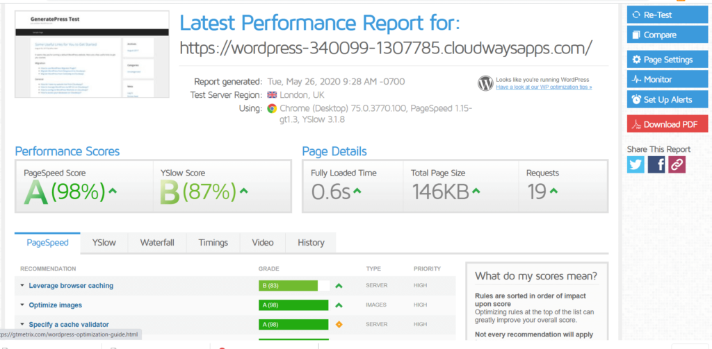 GeneratePress GTMetrix