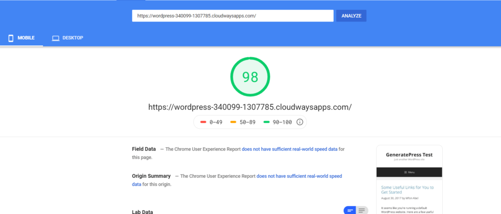 GeneratePress PageSpeed ​​Insight Mobile