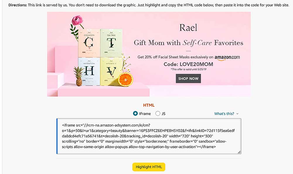 Amazon が提供するスニペット ジェネレーターの例