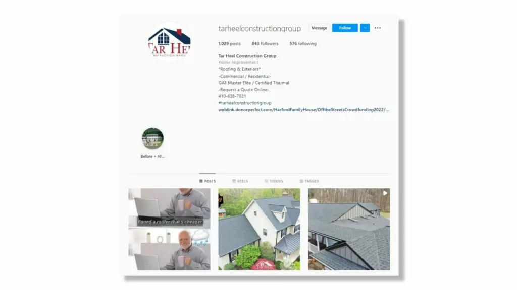 Exemplu de anunț Instaram - Tar Heel Construction Group