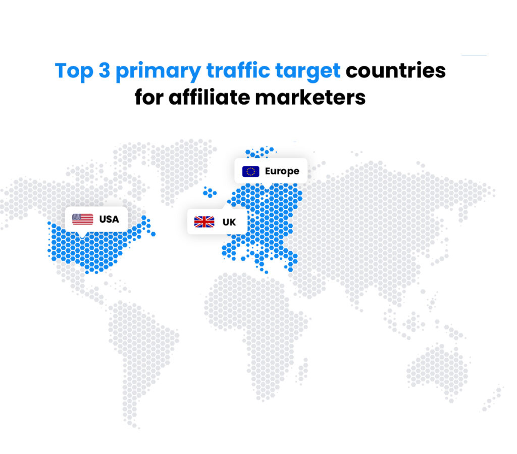 Los 3 principales países Principales países objetivo de tráfico para los comerciantes afiliados: EE. UU., Reino Unido, UE