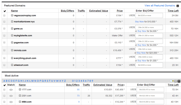 Domínio listado em destaque com GoDaddy