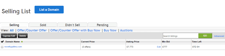 Domínio listado no leilão GoDaddy