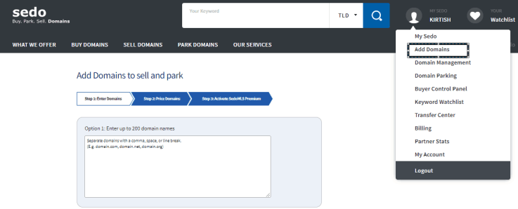 Adicionar domínio Sedo