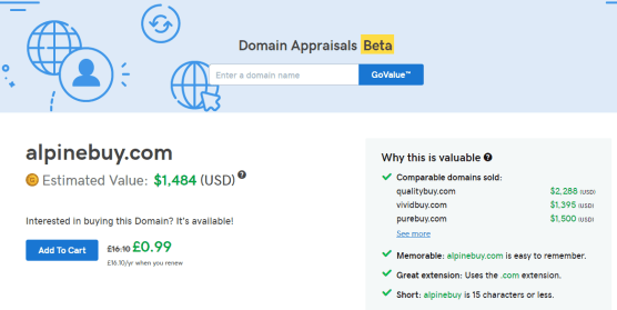 Avaliação de domínio GoDaddy