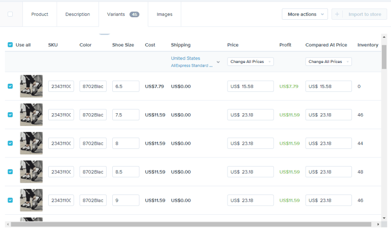 Импорт варианта продукта