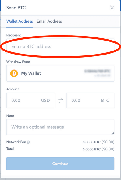 Fenêtre d'envoi Bitcoin