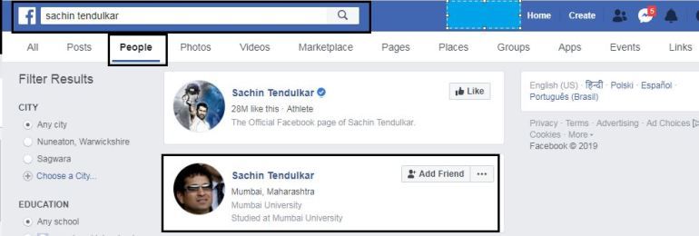 Pesquisar nome de amigo no Facebook