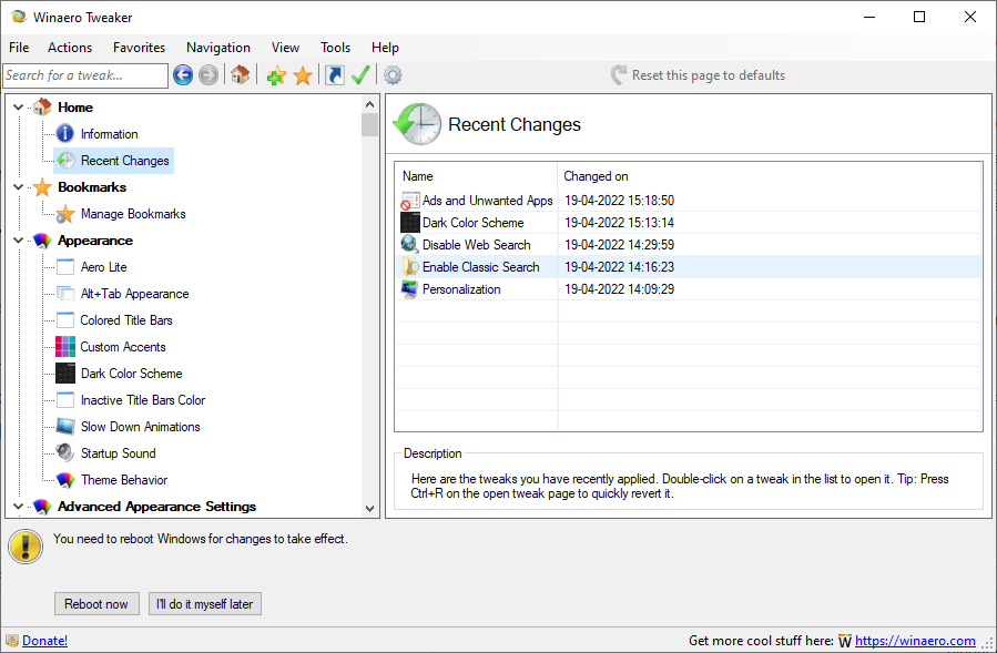 winaero 调整器:高级用户的 Windows 实用程序