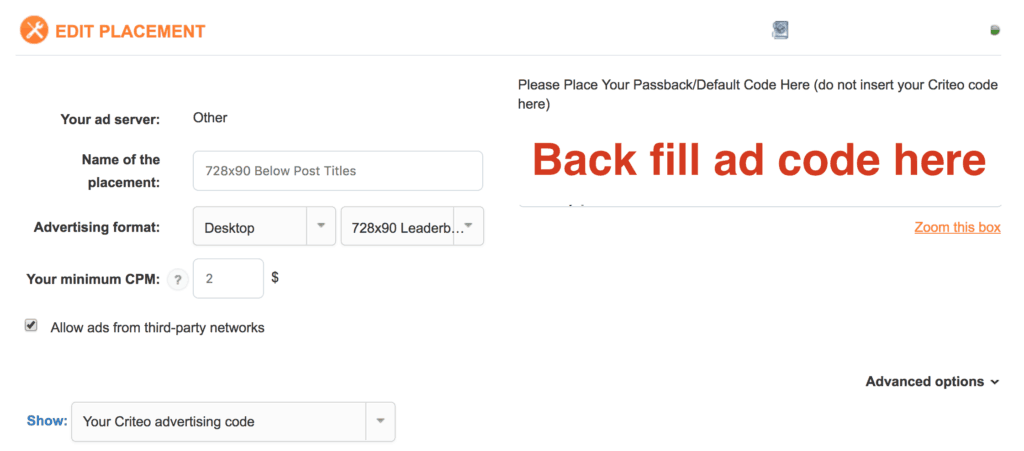 หน้าจอการจัดการแบ็กเอนด์หน่วยโฆษณา Criteo