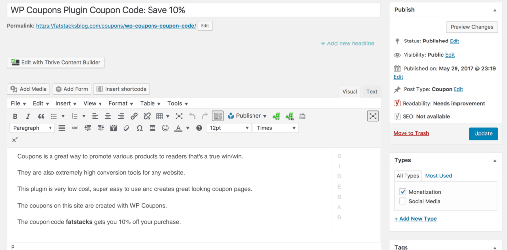 Pantalla de creación de cupones del complemento WP Coupons
