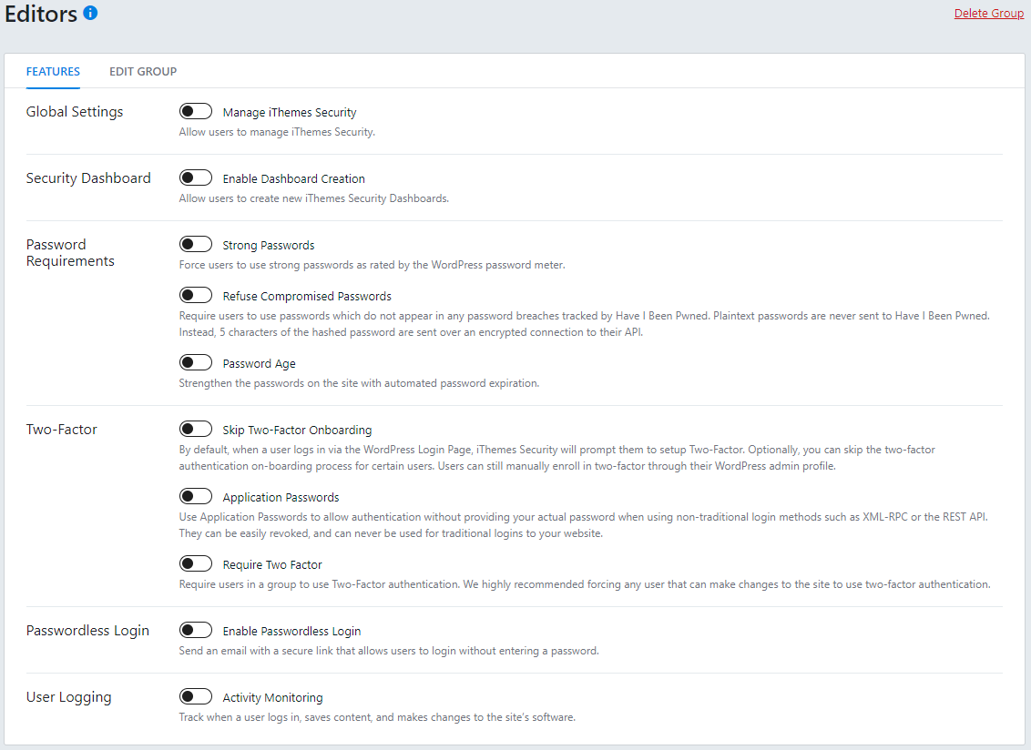 iThemes Security Pro: ustawienia grupy