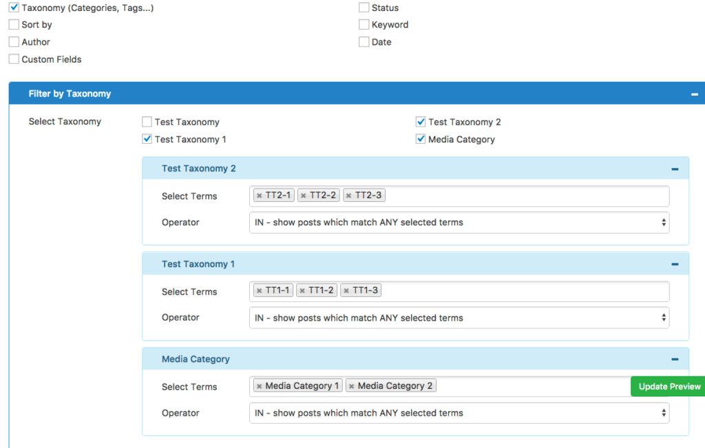 將媒體類別和自定義分類法分配給 Custom Views pro
