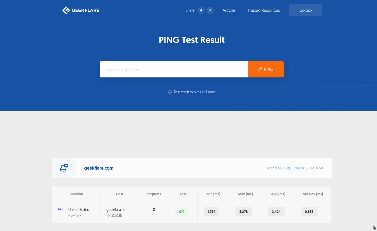 Pagina de rezultate a instrumentului online PING de la Geekflare