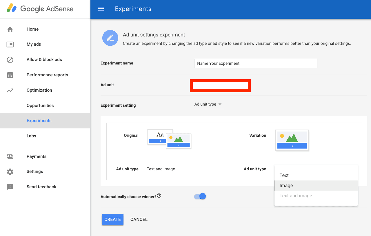 AdSense テストのステップ 3 - 広告の種類またはスタイルのテストを選択する