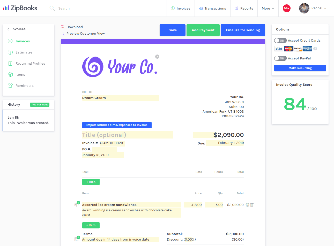 Zipbooks 簿記軟件中的發票儀表板。