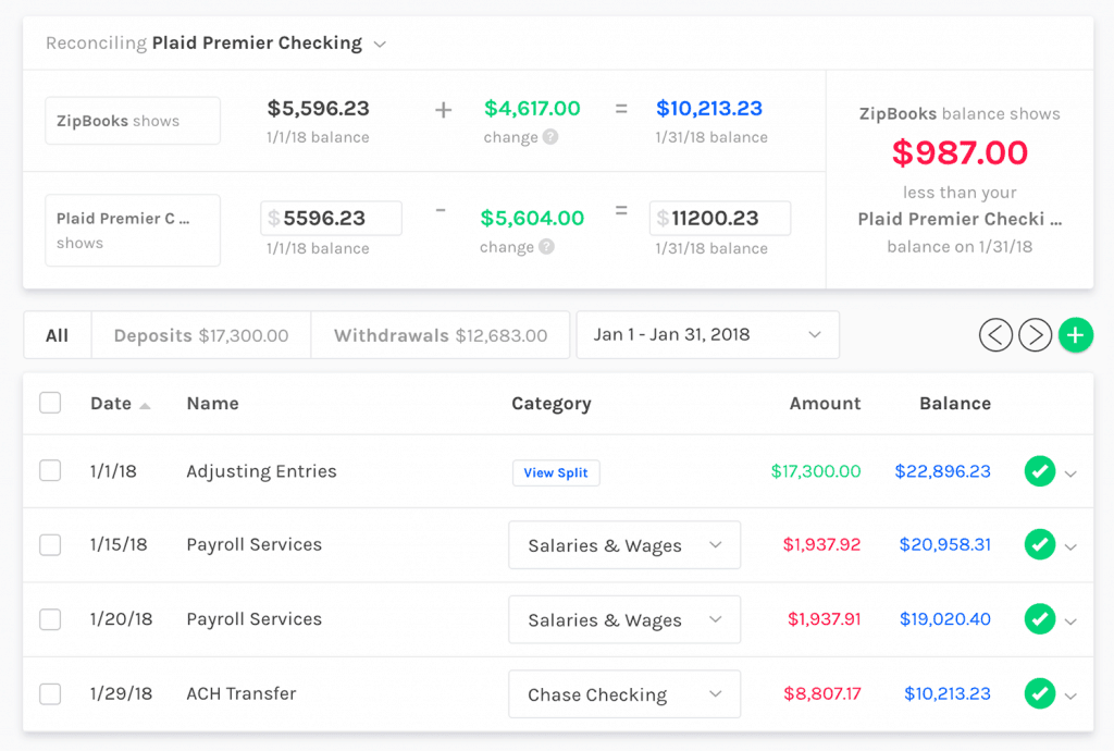 Zipbooks 簿記軟件中的對賬功能。