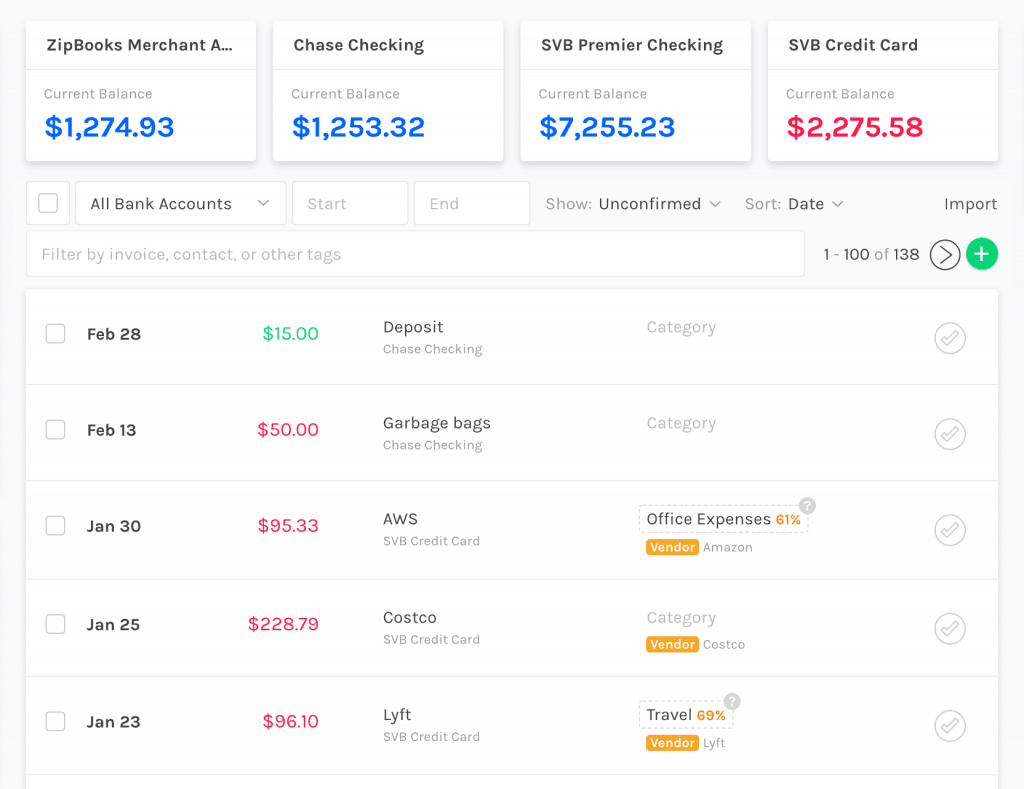 Zipbooks 自動化的費用分類示例。