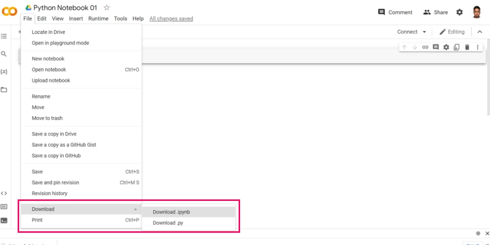 Télécharger le bloc-notes depuis Google Colab