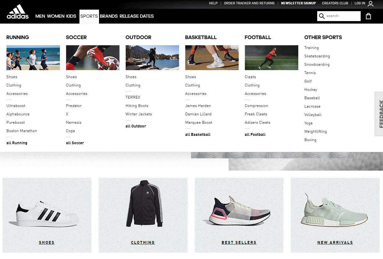 アディダスのドロップダウンメニュー