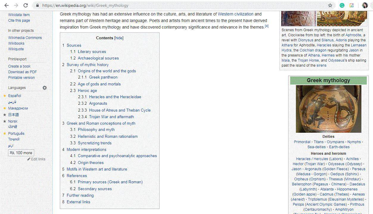 ウィキペディアのギリシャ神話ページの目次