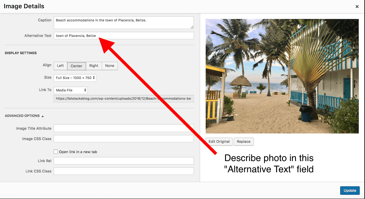 Capture d'écran de l'écran d'édition d'image WordPress
