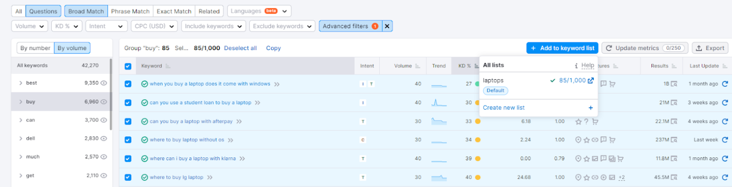Keywords in den Semrush-Keyword-Manager exportieren