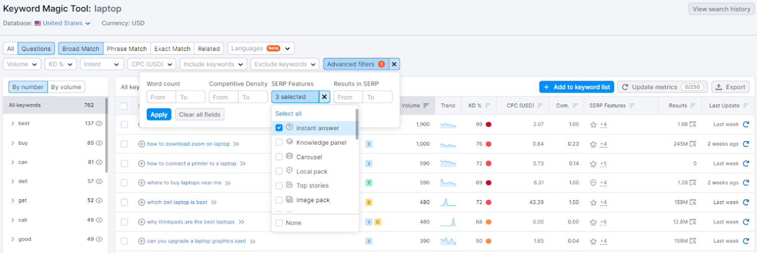Verwenden Sie Schlüsselwortfilter, um die Suche einzugrenzen
