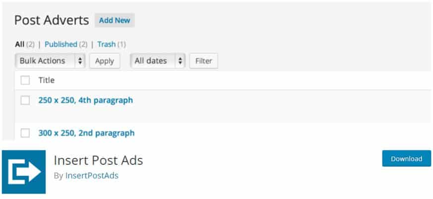 Insertar anuncios de publicación Complemento gratuito de WordPress para la gestión de anuncios