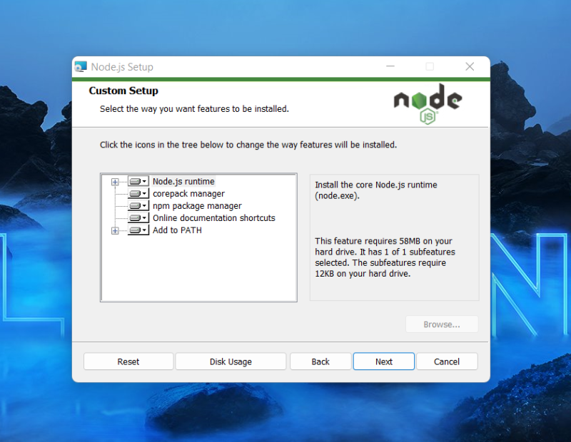 choisir la configuration de nodejs