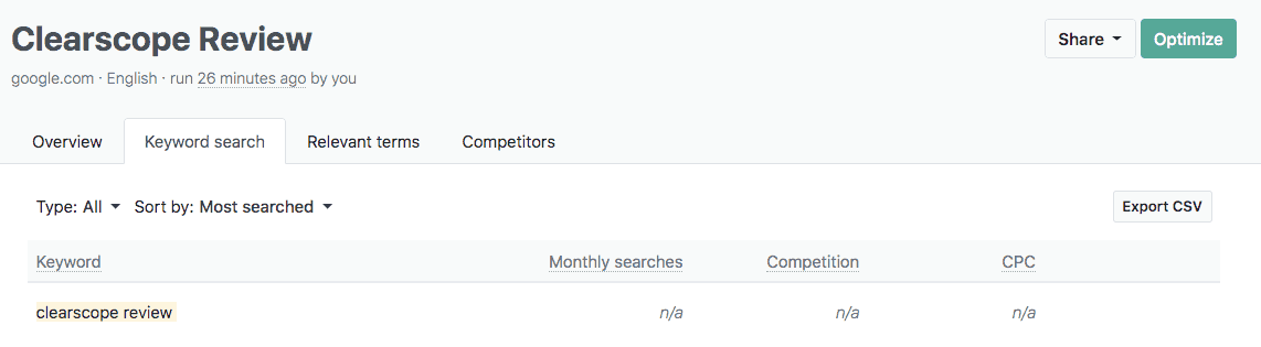 Clearscope-min에서 제공하는 키워드 데이터