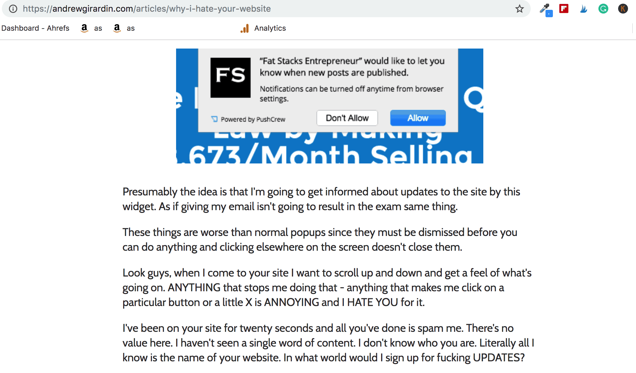 アンドリュー・ジラルディンは、私のブログでマーケティングのために私を憎んでいると公に述べています