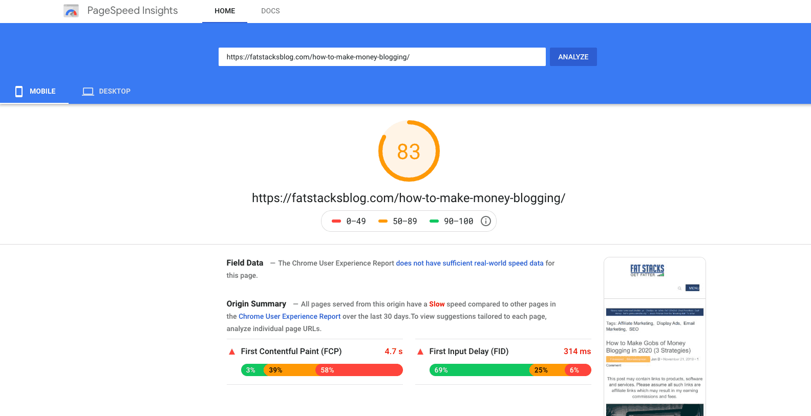 موقع ويب Speed Insights يسجل مع Ezoic Site Speed Accelerator قيد التشغيل