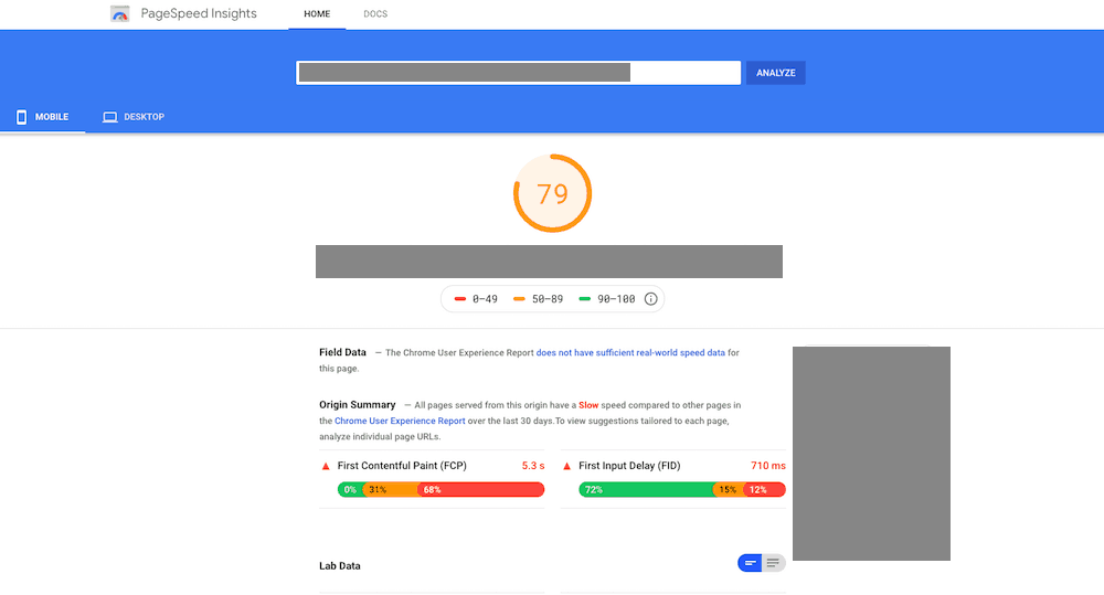 نقاط Site Speed Insights للجوال للمقالات الضخمة ذات الصور الكبيرة باستخدام Ezoic Site Speed Accelerator