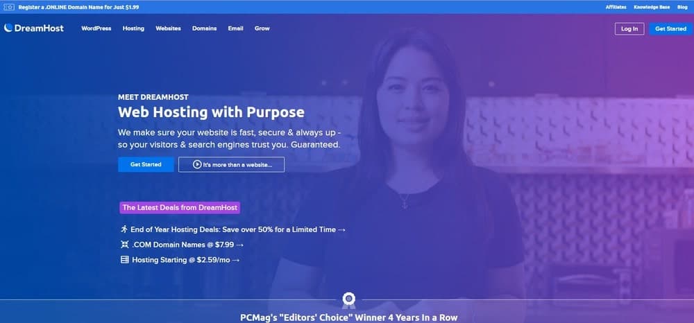 الصفحة الرئيسية لموقع DreamHost