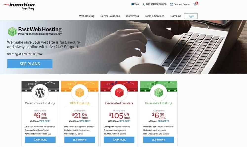 الصفحة الرئيسية لموقع ويب InMotion Hosting