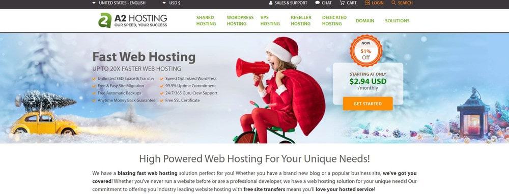 الصفحة الرئيسية لموقع استضافة A2