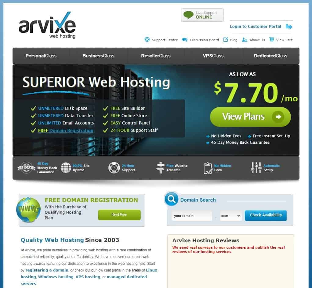 الصفحة الرئيسية لموقع Arvixe