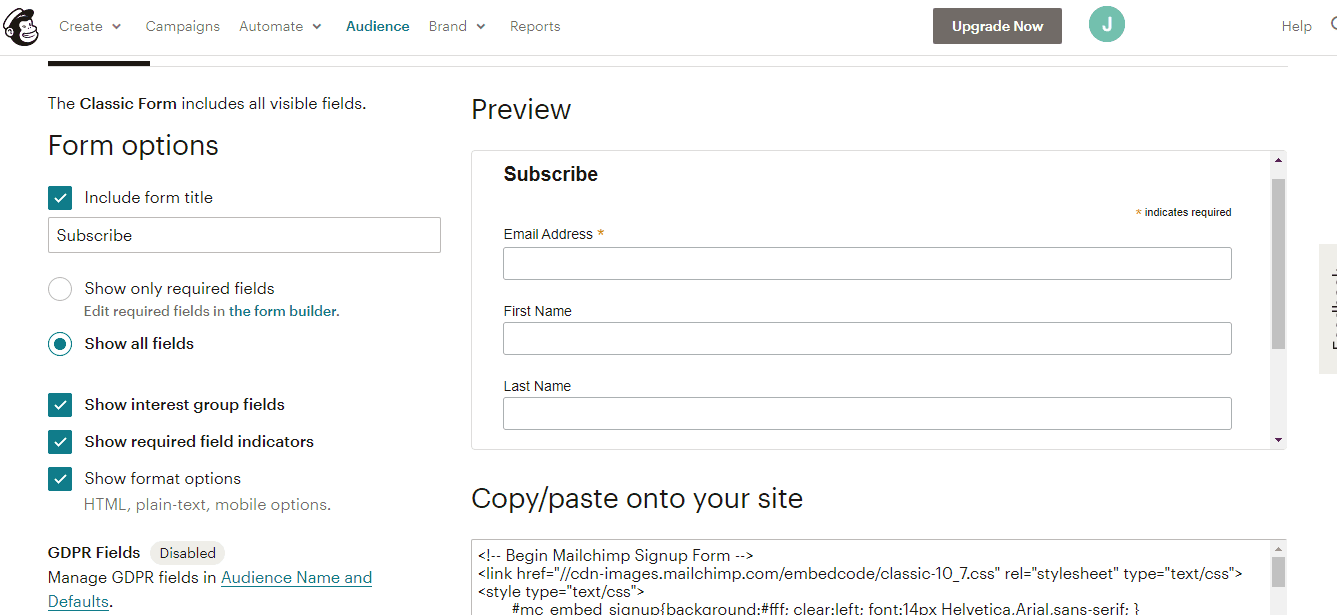 Captură de ecran pentru înscriere MailChimp