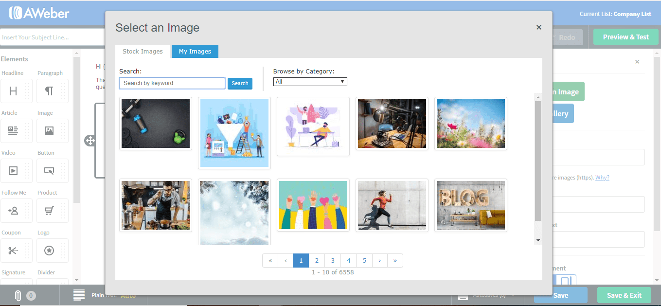 Captură de ecran cu fotografii stoc AWeber