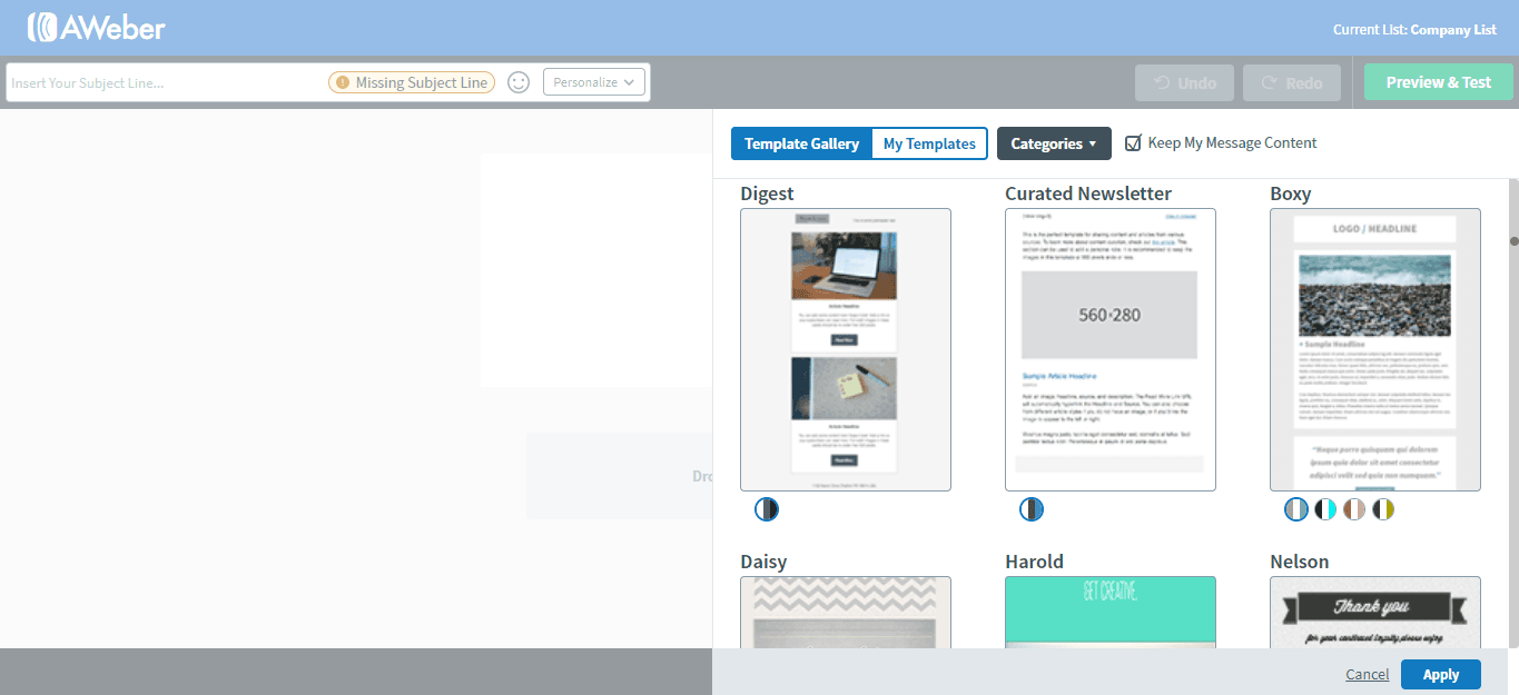 AWeber șabloane captură de ecran