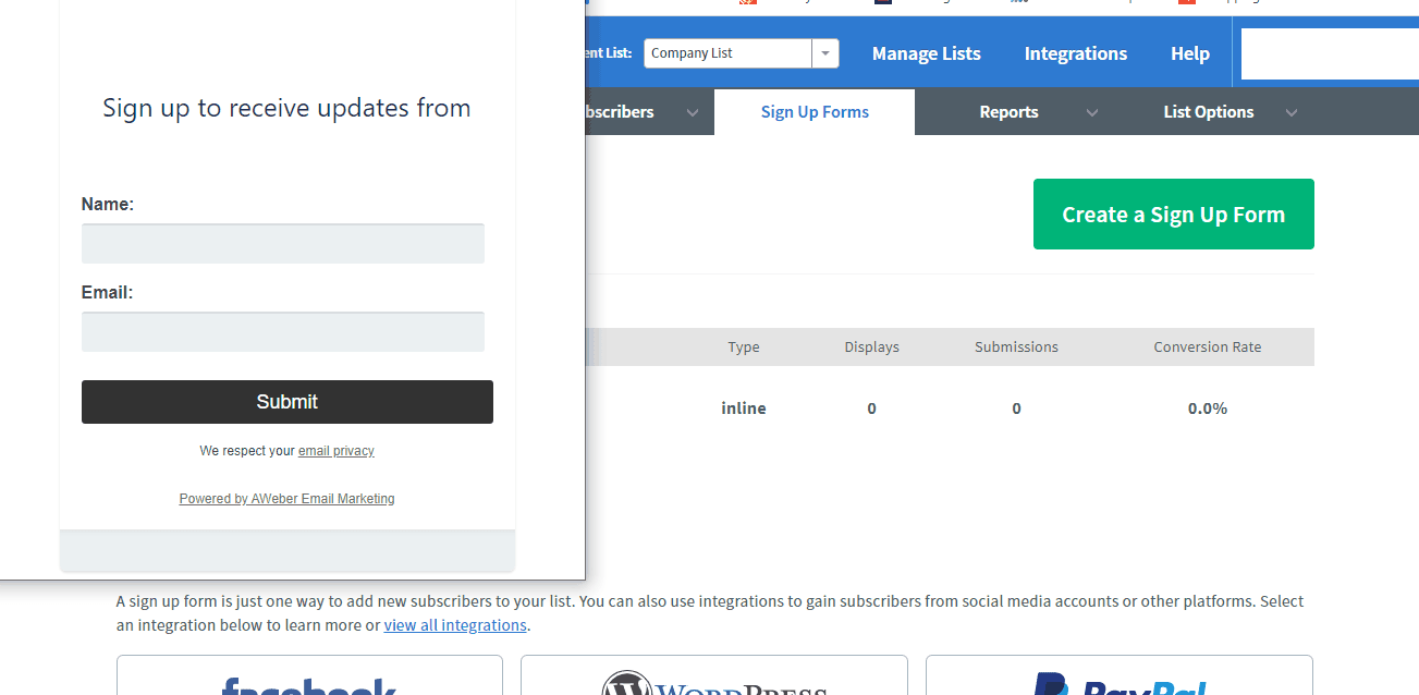 AWeber înregistrează-te captură de ecran