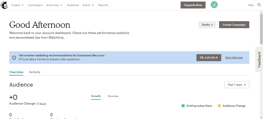 Captură de ecran a tabloului de bord MailChimp