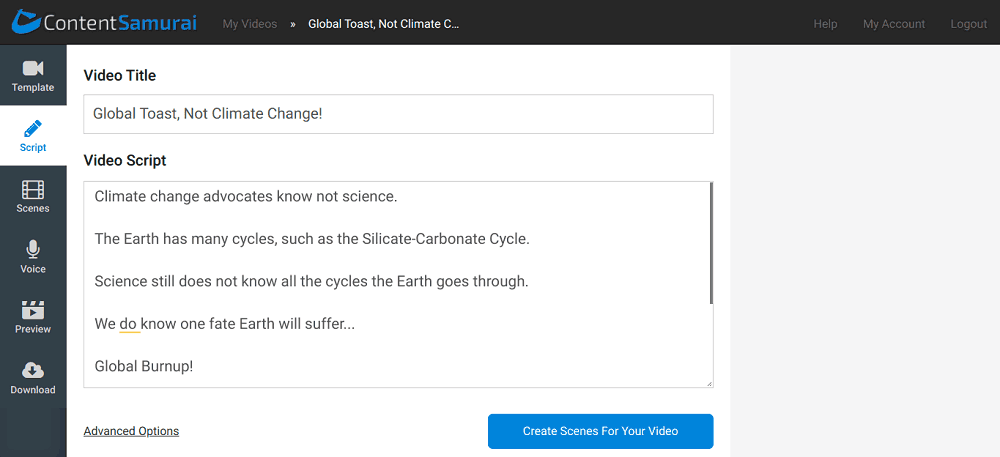 Screenshot des Erstellungsskripts von Content Samurai.